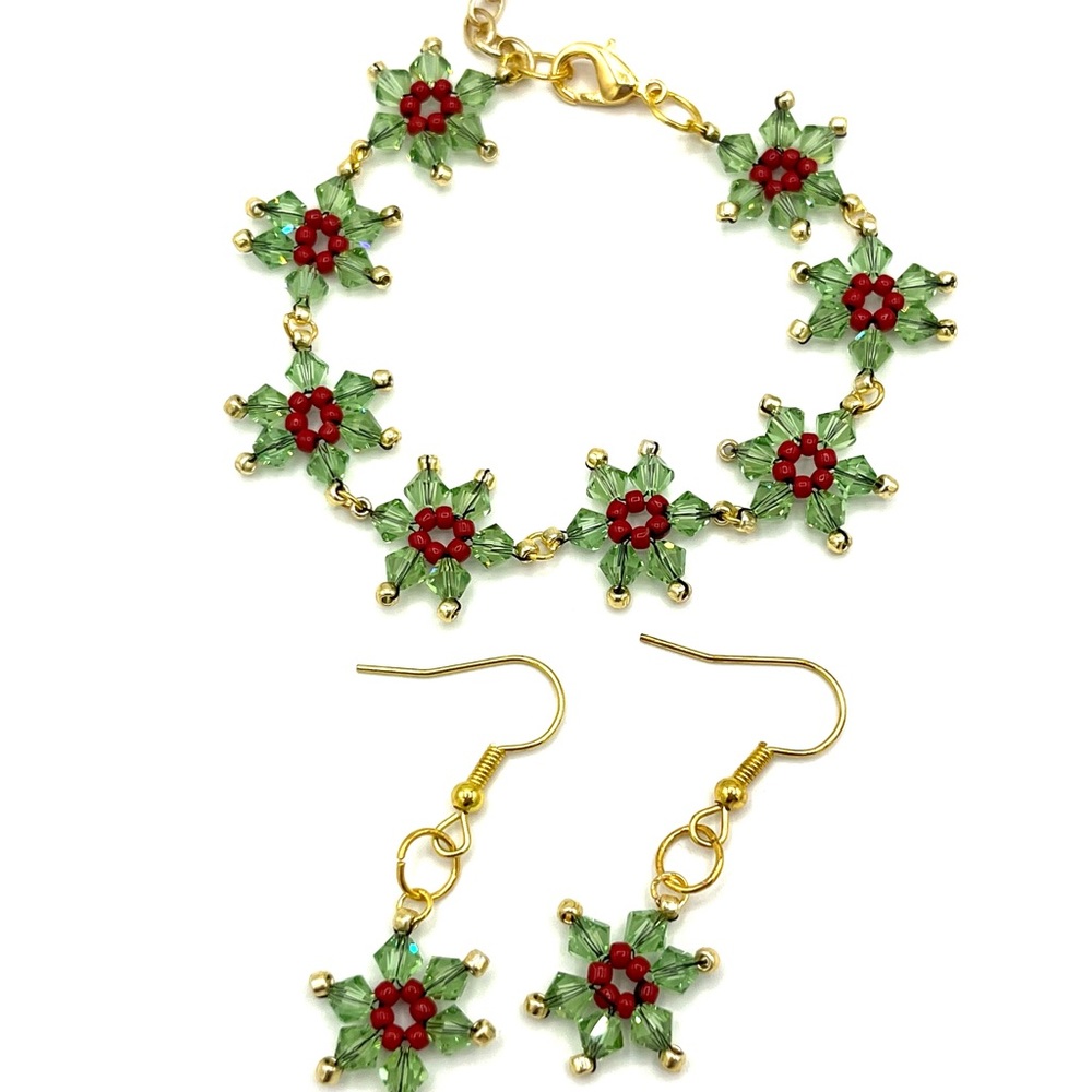 HAND CRAFTED Green Crystal Christmas Bracelet and Earrings Set